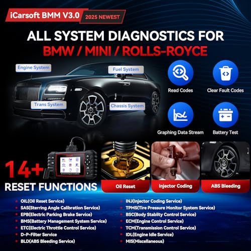 iCarsoft Bidirectional Diagnostic Tool for BMW/Rolls-Royce/Mini, BMM V3.0 All Resets/Battery Registration/ECU Coding Full System OBD2 Scanner for BMW Code Reader, Battery Test,Auto VIN-2025 Ver