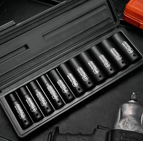 EPAuto 1/2-Inch Drive Metric Deep Impact Socket Set, 6 Points, 11 Sockets | 1/2-Inch Cr-V, 6 Points, 11 Sockets
