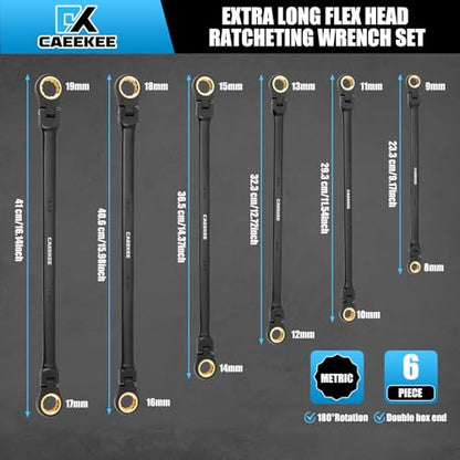 Extra Long Flex-Head Ratcheting Wrench Set(8-19mm), 6PCS Double Box End Long Reach Ratchet Wrench Set, Metric, CR-V Steel, 12 Point, 72-Tooth Ratchet, with Storage Pouch - style: 6-Piece Set (Extra Long Flex-Head Metric)