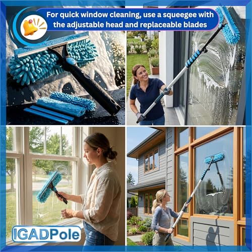 IGADPole 17 FT Water-Fed Washing Kit with Soap-Dispenser, Brush, 10″ Squeegee & Cobweb Duster for Windows, Gutters, Solar Panels & Exterior Walls - size: 17 ft Pole