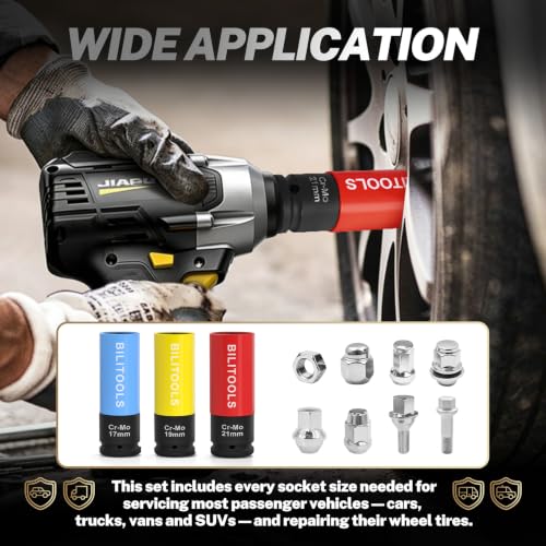BILITOOLS 17/19/21mm Lug Nut Socket Set, 1/2" Thin Wall Impact Sockets | 3-PCS Cr-Mo Socket Set with Non-marring Sleeves, 6-Point Drive for Tire Changes, Rims and Auto Repair - size: 17-19-21MM