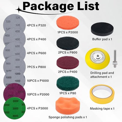 53 PCS Car Headlight Restoration Kit, 3 Inch Drill Sanding Disc with 1/4 Inch Shank Backing, Loop and Hook Sanding Paper, Scouring Pads, Polishing Sponge, Soft Interface Pad, Masking Tape