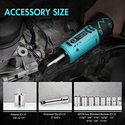 DURATECH Cordless Electric Ratchet Wrench Set, 48 Ft-lbs 3/8" 12V Power Ratchet Wrench with 2PCS 2.0Ah Li-Ion Battery, 1 Hour Fast Charger, 8PCS Sockets, Extension Bar, Adaptor, Variable Speed Trigger - style: Normal Head