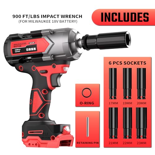 VERVEWAVE 1200N.m Impact Wrench for Milwaukee 18V Battery (no battery), 1/2” Cordless Impact Gun, 900Ft-lbs Electric Impact Driver with 3-Speed Control, 6 Pcs Impact Sockets Included, Tool Only