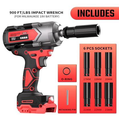 VERVEWAVE 1200N.m Impact Wrench for Milwaukee 18V Battery (no battery), 1/2” Cordless Impact Gun, 900Ft-lbs Electric Impact Driver with 3-Speed Control, 6 Pcs Impact Sockets Included, Tool Only