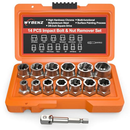 14 PCS Bolt Extractor Set, 3/8" Drive Impact Bolt & Lug Nut Remover Socket Tool Kit, Stripped Bolt Extractor Socket Set For Broken,Damaged, Frozen, Studs, Rusted, Rounded-Off Bolts, Nuts & Screws - size: 14PCS -B