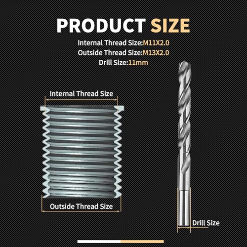 M11X2.0 Metric Thread Repair Kit with Insert HSS Drill, Tap, Installation Driver, Counterbore, Two Sizes Stainless Steel Insert 5PCS 16.2MM and 5PCS 28.2MM