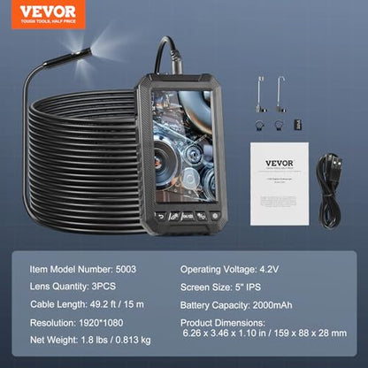 VEVOR Endoscope Camera with Light, Triple Lens Borescope with 49.2FT Semi-Rigid Cable, 5" Screen 1080P Inspection Camera, 8 + 2 LED Lights, IP67 Waterproof Snake Cameras for Auto, Plumbing (32GB Card) - size: 5" IPS Screen-49.2FT