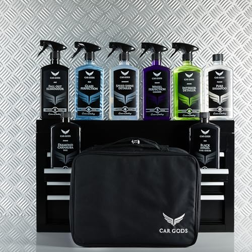 Car Gods 8 Piece Car Cleaning Detailing Kit - Shampoo - Carnauba Wax - Wheel Cleaner - Shine Detailer - Fallout Eliminator - Tyre Serum - Interior Detailer - Glass Cleaner