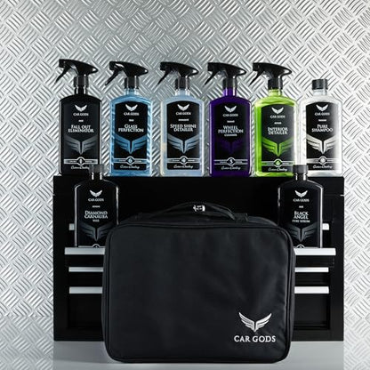Car Gods 8 Piece Car Cleaning Detailing Kit - Shampoo - Carnauba Wax - Wheel Cleaner - Shine Detailer - Fallout Eliminator - Tyre Serum - Interior Detailer - Glass Cleaner