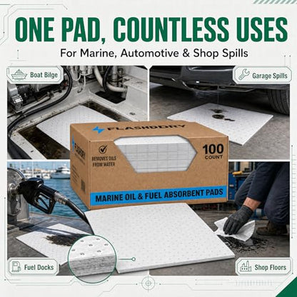 FLASHDRY Marine Oil Spill Absorbent Pads, 100-Count Oil Control Pads, 17.5" x 13.5" - Fuel, Diesel & Bilge Water Cleanup, Water-Repellent, Eco-Friendly, Tear-Resistant Hydrocarbon Absorption - size: 100 Pads - 2mm