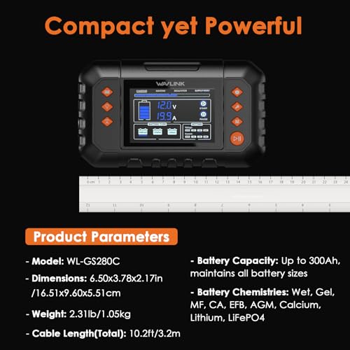 WAVLINK 280W Smart Battery Charger, Max. 20A Trickle Charger with LCD Display, for 6V/12V/24V Lead-Acid/Lithium/LiFePO4 Batteries, Battery Maintainer and Desulfurizer for Cars,Boats, Motorcycles - color: 20-amp