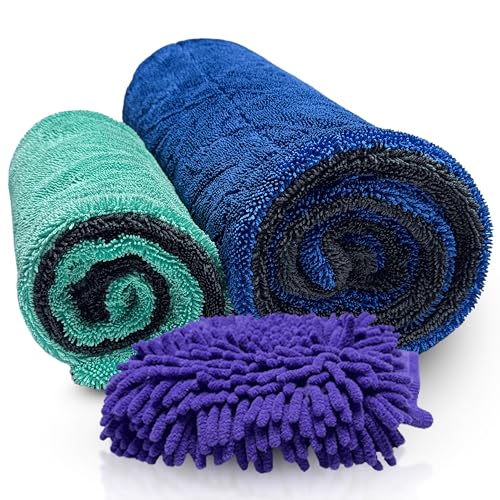 Polish Pro Microfiber Car Drying Towel, Set of 3pcs: X-Large 35"x 24" + Small 16"x16" + Free Wash Mitt, Ultra Absorbent, Microfiber Drying Towel for Cars. 1400GSM.