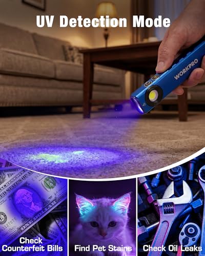 WORKPRO Rechargeable Work Light, 600 Lumens Flat Pocket Flashlight with UV Light, Magnetic Base & Clip, Slim LED EDC Flashlight for Garage, Camping, Home, and Emergencies - color: Blue