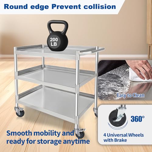 3-Shelf Stainless Steel Rolling Utility Cart - Heavy-Duty Metal Mobile Storage with Handle & Locking Wheels - Ideal for Kitchen, Medical, Lab, Restaurant & Home Use (19''x31''x34'') - size: 19''x31''x34''