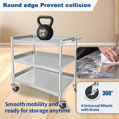 3-Shelf Stainless Steel Rolling Utility Cart - Heavy-Duty Metal Mobile Storage with Handle & Locking Wheels - Ideal for Kitchen, Medical, Lab, Restaurant & Home Use (16''x24''x34'') - size: 16''x24''x34''