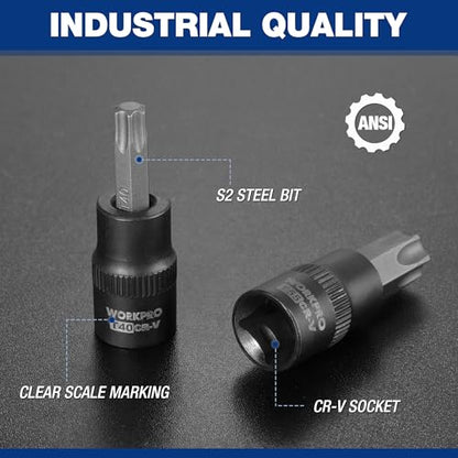 WORKPRO 60-piece Master Torx Bit Socket and External Torx Socket Set, 1/4", 3/8", 1/2" Drive Bits, Female E Sockets E4-E24, Star Socket Bits T6-T70, TT6-TT70, TP8-TP60, CR-V & S2 Alloy Steel - style: 60-piece master torx bit and E - socket set