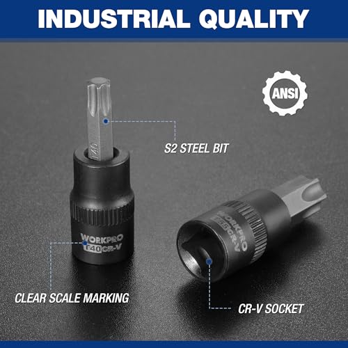 WORKPRO 60-piece Master Torx Bit Socket and External Torx Socket Set, 1/4", 3/8", 1/2" Drive Bits, Female E Sockets E4-E24, Star Socket Bits T6-T70, TT6-TT70, TP8-TP60, CR-V & S2 Alloy Steel - style: 60-piece master torx bit and E - socket set