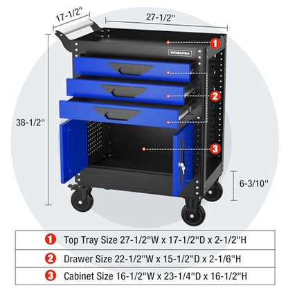 WORKPRO 27.5 Inch 3-Drawer Rolling Tool Chest with Wheels, Portable Steel Tool Cabinets with Drawers, Liners and Locking System for Warehouse, Garage, Black and Blue