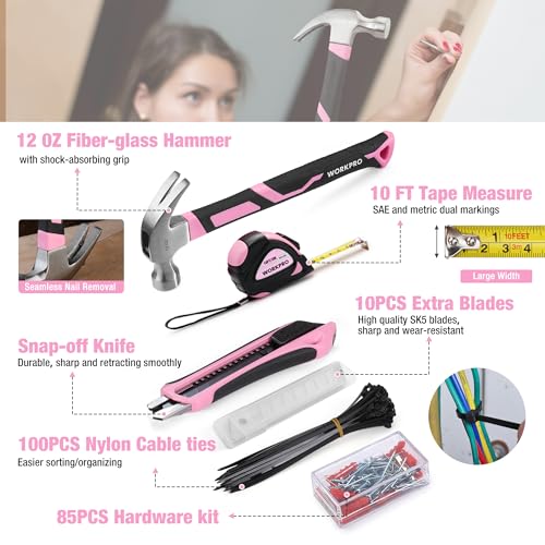 WORKPRO Pink Tool Set, 284 PCS Tool Kit for Women, Basic Household Tool Box with Sockets, Pliers, Ratchet Handle, Portable Toolkit for Home Repair, New Apartment, House-Warming, DIY - Pink Ribbon