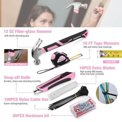 WORKPRO Pink Tool Set, 284 PCS Tool Kit for Women, Basic Household Tool Box with Sockets, Pliers, Ratchet Handle, Portable Toolkit for Home Repair, New Apartment, House-Warming, DIY - Pink Ribbon