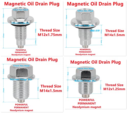 4PCS M12x1.75MM, 4PCS M14x1.5MM, 4PCS M14x1.5MM, 4PCS M12x1.25MM, Magnetic Engine Oil Drain Plug Assortment, fit for Select Models, with 32PCS Gaskets