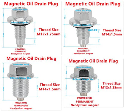 4PCS M12x1.75MM, 4PCS M14x1.5MM, 4PCS M14x1.5MM, 4PCS M12x1.25MM, Magnetic Engine Oil Drain Plug Assortment, fit for Select Models, with 32PCS Gaskets