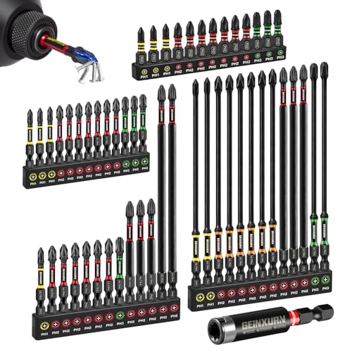 Geinxurn 52pcs Impact #1#2#3 Phillips Screwdriver Bits Set, 1” 2” 3” 6” (PH1/PH2/PH3) Magnetic S2 Steel Cross Driver Bits Set and 1pc Impact Bit Holder with Color Coded Base - size: 53pcs-Mix-PH