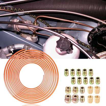 3/16" Brake Line - Easy to Bend Tubing - 25 ft 3/16 Copper Coated Brake Line + 16 x Brake Line Fittings and 4 x Threads Unions - size: 3/16 Brake Line