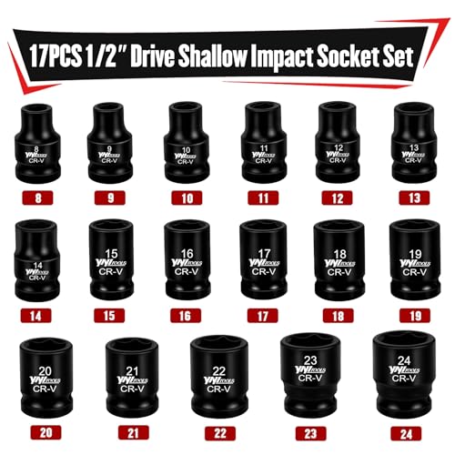 YIYITOOLS 17Pcs 1/2" Drive Shallow Impact Socket Set (8-24mm), Metric Socket Set, 6-Point, CR-V Steel for Automotive Maintenance, Repairs, and DIY Projects - size: 17Pcs (Shallow)