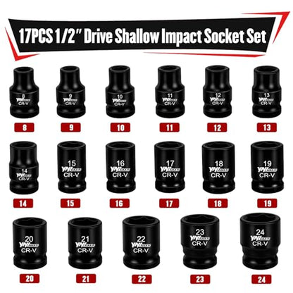YIYITOOLS 17Pcs 1/2" Drive Shallow Impact Socket Set (8-24mm), Metric Socket Set, 6-Point, CR-V Steel for Automotive Maintenance, Repairs, and DIY Projects - size: 17Pcs (Shallow)