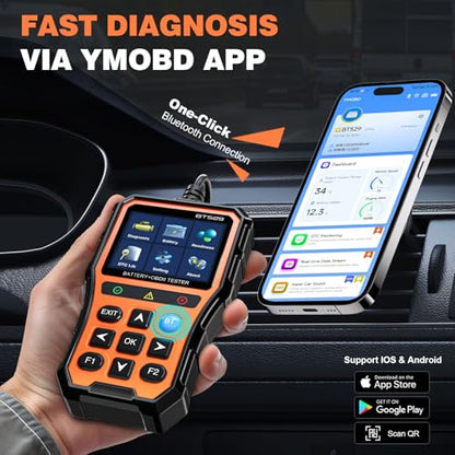 BT529 Bluetooth OBD2 Scanner & Car Battery Tester,2-in-1 Car Diagnostic Tool for iPhone & Android, Check Engine Code Reader,Performance Test, Trip Analysis, 12V Battery Analyzer for All 1996+ Vehicles