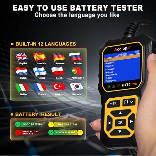 BT60 PRO Car Battery Tester 6V/12V/24V, 2–120Ah, 100–3000 CCA, AGM/Gel/Lithium, Alternator & Starter/Charging System Analyzer, QR Cloud Report (No App), Digital Analyzer - color: Black-Yellow