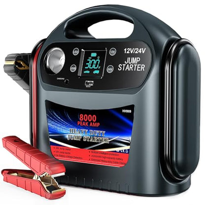 8000A Car Battery Jump Starter, Heavy Duty Jump Box for Gas & Diesel Vehicles, 12V/24V Portable Power Pack with LED Light for Trucks, SUVs, Commercial & Diesel Engines