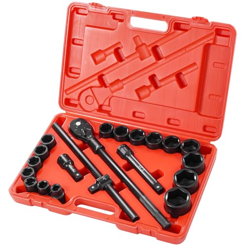 VEVOR 3/4 in Drive Impact Socket Set, 21 Pieces SAE 3/4 in to 2 in, 6 Point Cr-V Alloy Steel for Auto Repair, Easy-to-Read Size Markings, Includes Extension Bars, Ratchet Handle and Storage Case - size: 3/4" 21PCS