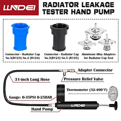 LLNDEI Coolant Radiator Pressure Tester Kit 28PCS Radiator Pressure Tester Pneumatic Vacuum Cooling System Purge Refill Leak/Refiller Set, Universal Automotive Domestic/Import Vehicles, Motorcycle