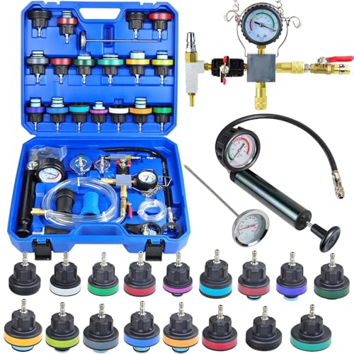 Radiator Pressure Tester Kit, Coolant Pressure Tester & Vacuum Refill Kit, 28Pcs Universal Cooling System Vacuum Fill Tool & Leak Tester for Car Truck SUV Motorcycle