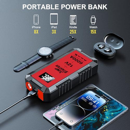 Car Jump Starter, 88.8wh Jump Starter Battery Pack 6000A (All Gas,up to 10.0L Diesel Engine) 12V Jumper Cables Portable Lithium Jump Box, USB Output and LED Light - color: orange
