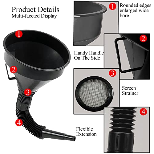 Flex Funnel - Wide Mouth Flexible Funnel with Handle, Multi-Functional Large Plastic Automotive Funnels for Cars and Motorcycles, Engine Oil, Liquid, Diesel, Kerosene,Gasoline (2pcs x 5.2" Black)
