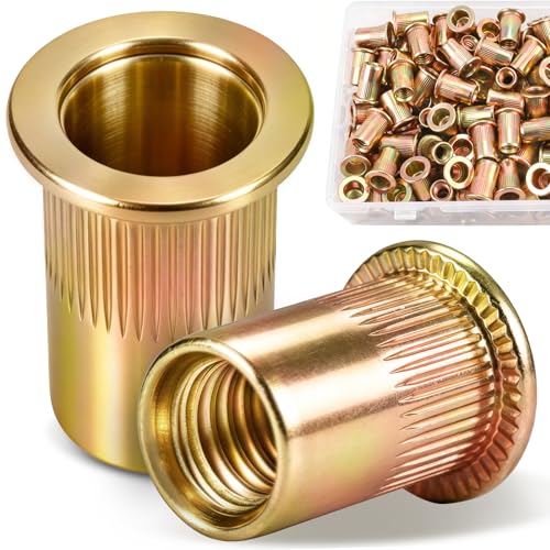 188Pcs 1/4"-20 Rivet Nut Kit Zinc Plated Carbon Steel Rivnut Flat Head Knurled Rivet Nuts Threaded Insert Nutsert 1/4 RIV Nut for Metal Automotive DIY - size: 1/4 -20 188pcs