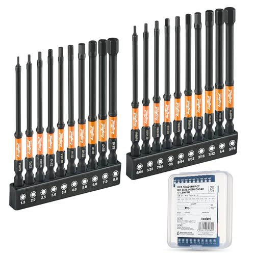 Toolant Impact Allen Wrench Drill Bit Set 20pcs (Metric & SAE), 1/4" Hex-Shank S2 Steel Hex Bits, CNC Machined Tips with Magnetism, 4" Long with Storage Box - size: Metric&SAE(20pcs)