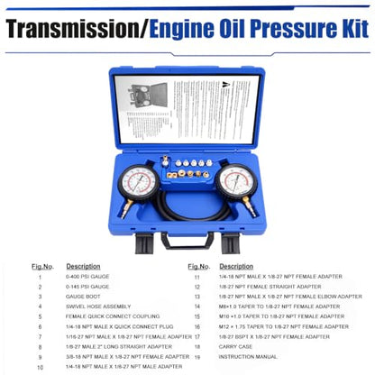 Transmission/Engine Oil Pressure KIT, Capable of Both Static and On-Road Testing, High/Low (0-400psi/0-100psi), 72" Hose, 13pc Adapters - size: Oil Pressure Kit