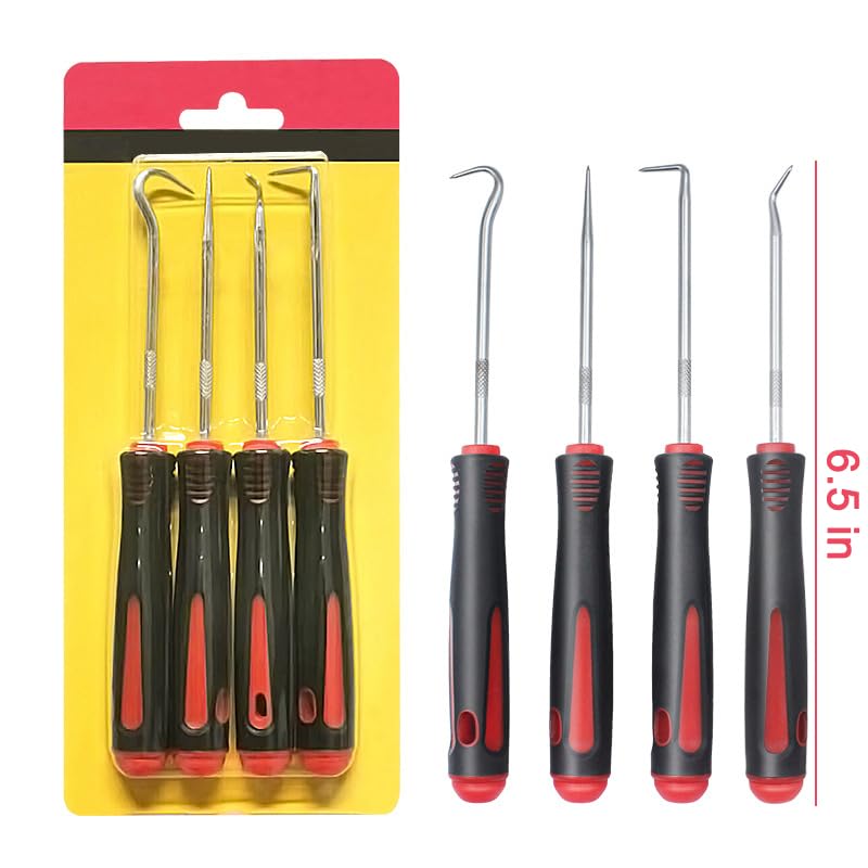 4-Piece Pick and Hook Tools Set, Pick Tool Set Car Auto Oil Seal/O-Ring Seal Gasket Pick Hooks Puller Remove, Long and Mini Pick Tool Set Red