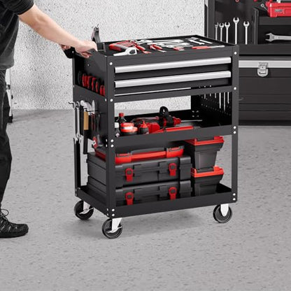 VEVOR 5-Tier Tool Cart with Wheels, 400 lbs Load Capacity, Rolling Work Cart with 2 Drawers & Pegboard, Mechanic Tool Storage Organizer with Locking System for Garage, Warehouse and Repair Shop, Black - style: 5-Tier-400 lbs with 2 Drawers