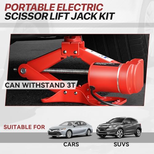 Scissor Jacks for 3 Ton (6600lb) Tire Jack Repair Kit with Electric Car Jack & Wrench, Emergency Tire Changing Kit for Car SUV MPV, Lifting Range 13.7" - Min 4.7", Red