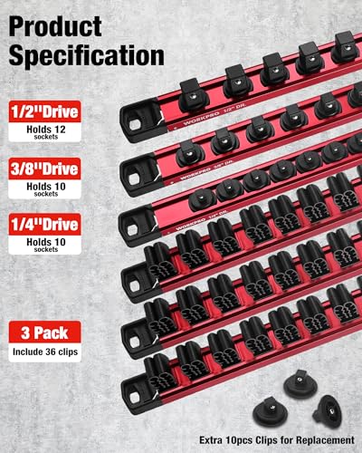 WORKPRO 6-Piece Magnetic Socket and Screwdriver Organizer Set | 3-Piece 1/4", 3/8" & 1/2" Drive Metric & SAE Socket Rails, 3-Piece Screwdriver and Wrench Holders - size: 3pc Socket Rail & 3pc Screwdriver Rail