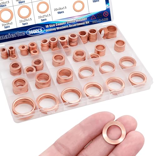 360PCS Crush Washer Oil Drain Plug,18 Sizes Copper Oil Drain Plug Gasket Assortment,Automotive Engine Crush Washers (M6 M8 M10 M12 M14 M16 M18 M20 M22 M24) - size: 360PCS (M6-M24)