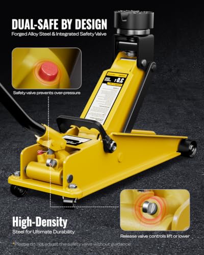 AUTOWN 3 Ton (6600 lbs) Floor Jack, Heavy Duty Steel Hydraulic Jack for Car, Low Profile Floor Jack with Rubber Pad, Quick Lift Car Jack with Lifting Range 7.1'' to 20.9'', Yellow