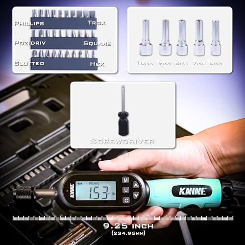 KNINE OUTDOORS 1/4 inch Digital Torque Screwdriver Wrench Driver Set, Inch Pounds lbs for Maintenance, 10-100 in-lb (1.2–12 Nm), Hex Bits, For Tools, Bike Repairing and Mounting