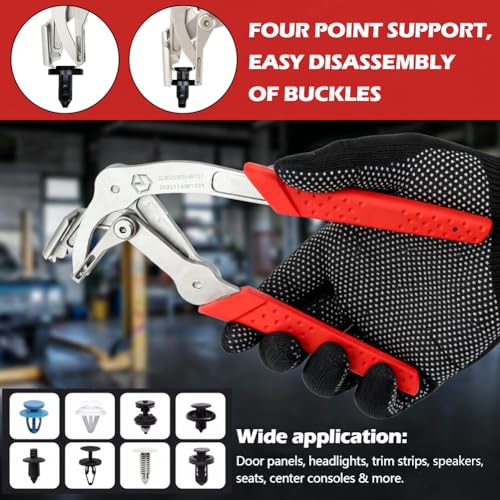 Automotive Trim Clip Removal Pliers, Spring-Loaded Car Fastener Remover, Panel Clip Removal Tool for Door Panels, Trim, Rivets & Interior Repair, Includes Gloves